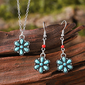 Комплекты украшений из синтетической бирюзы и сплава, включая подвесные серьги и ожерелья с подвесками, цветок