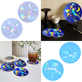 Moules de dessous de verre ronds holographiques en silicone à motif de sorcière d'halloween, moules de dessous de verre en résine, pour la résine UV, fabrication artisanale de résine époxy