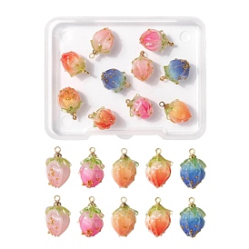 10Pcs 5 Colors Handmade Flower Pendants, with Brass Peg Bails and Glass Micro Beads, Bud, Golden