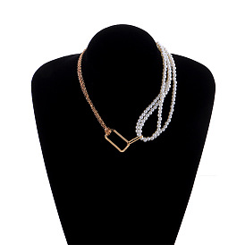 Collier multicouche de perles baroques vintage pour femmes, avec pendentif carré creux asymétrique simple, bijoux