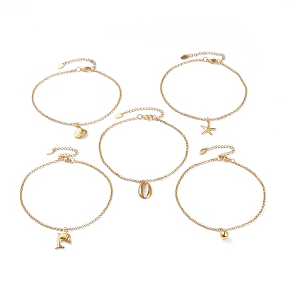 Океанская тематика вакуумное покрытие pvd 304 браслеты из нержавеющей стали с подвесками, с ROLO цепей и когтя омара застежками, разнообразные