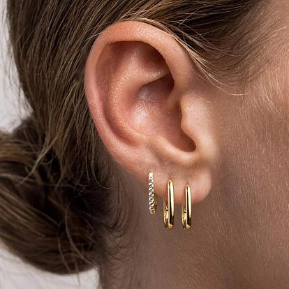 3 Pcs Elegant S925 Sterling Silver Oval Hoop Earrings, with Clear Cubic Zirconia