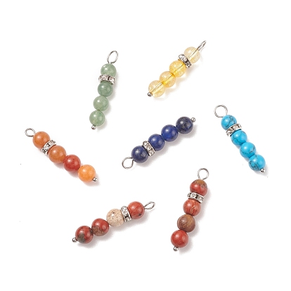 7Pcs 7 Styles Gemstone Brass Crystal Rhinestone Pendants, Natural Red Aventurine & Citrine & Green Aventurine & Red Jasper & Amethyst & Lapis Lazuli, Synthetic Turquoise, Platinum