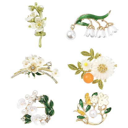 6шт. 6 стили: булавки из смолы в виде ромашек и листьев, Броши из сплава для рюкзака для одежды, золотые