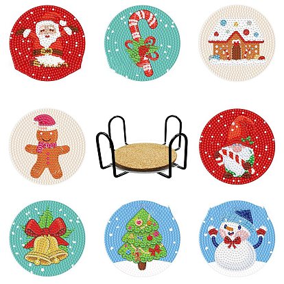 DIY Christmas Theme Diamond Painting Coaster Kits, Including Acrylic Cup Mat, Cork Mat, Iron Coaster Stand, Resin Rhinestones, Pen, Tray Plate and Glue Clay