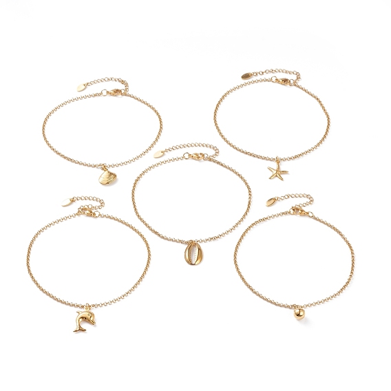 Ocean Theme PVD Vacuum Plating 304 Stainless Steel Charm Anklets, with Rolo Chains and Lobster Claw Clasps, Mixed Shapes