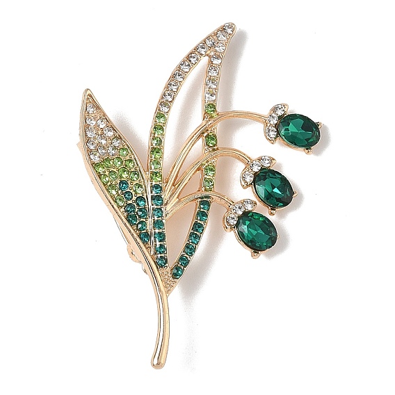 Alloy Rhinestone Lapel Pin Brooch, Lily of the Valley, Golden