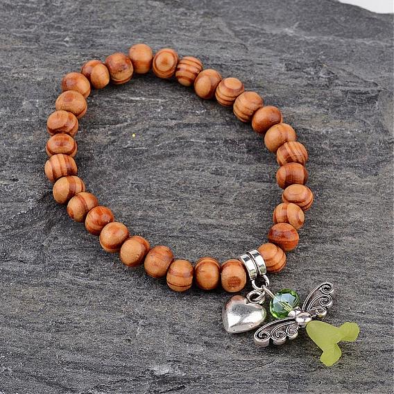 Alloy Acrylic Charm Bracelets, with Round Wood Beads, Lovely Wedding Dress Angel Dangle, 46mm