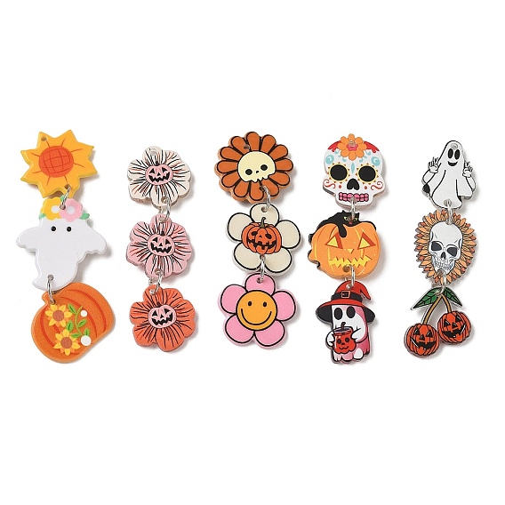 Halloween Printed Acrylic Big Pendants, with Iron Ring, Platinum