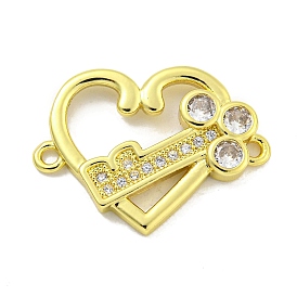 Rack Plating Brass Pave Clear Cubic Zirconia Connector Charms, Heart with Key Links, Cadmium Free & Lead Free, Long-Lasting Plated