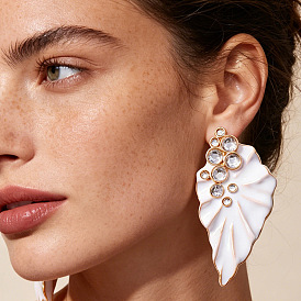 Alloy Enamel & Crystal Rhinestone Stud Earrings, Leaf, Golden