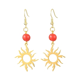 201 Stainless Steel with Acrylic Dangle Earring, Sun, Red, for Women