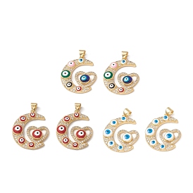 Rack Plating Brass Enamel Pendants, with Cubic Zirconia, Moon with Heart & Evil Eye, Real 18K Gold Plated, Long-Lasting Plated