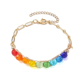 Rainbow Color Faceted Round Glass Beaded Bracelets, Brass Jewelry for Women