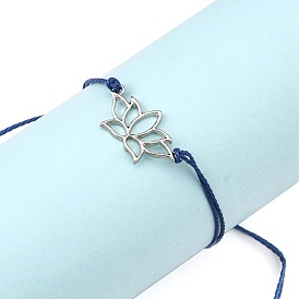 Bracelets réglables en corde de polyester ciré, avec 304 perles en acier inoxydable et pendentifs en alliage, lotus