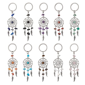 Woven Net/Web with Wing Alloy & Gemstone Chips Keychains, with 304 Stainless Steel Split Key Rings