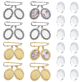Alloy & Steel Oval Tray Brooch Base Settings, with Transparent Glass Cabochons