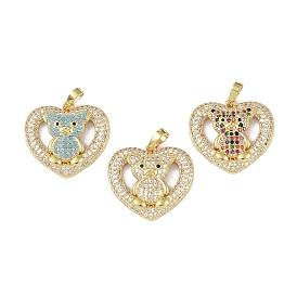 Brass Micro Pave Cubic Zirconia Pendants, Real 18K Gold Plated, Heart with Bear Charms