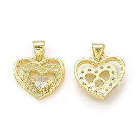 Rack Plating Brass Micro Pave Clear Cubic Zirconia Charms, Cadmium Free & Lead Free, Long-Lasting Plated, Double Heart Charm
