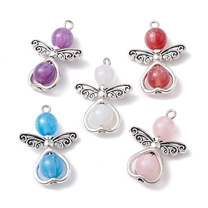 Resin Imitation Cat Eye Pendants, Angel Charms with Alloy Wings