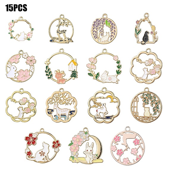 15 шт 15 стили подвески из сплава эмали, золотой свет, без кадмия, без никеля и без свинца, разнообразные