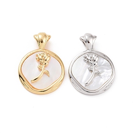 Brass Shell Pendants, Flat Round with Rose Charms