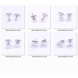 Unicraftale Stainless Steel Stud Earrings, with Clear Cubic Zirconia and Ear Nuts, Flat Round
