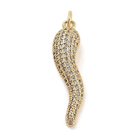 Rack Plating Brass Micro Pave Clear Cubic Zirconia Pendants, with Jump Ring, Long-Lasting Plated, Lead Free & Cadmium Free, Horn of Plenty/Italian Horn Cornicello Charms