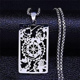 304 Stainless Steel Pendant Necklaces, Rectangle with Gear