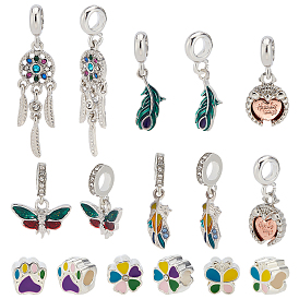Nbeads 16Pcs 8 Style Heart & Feather & Butterfly Alloy European Dangle Charms & European Beads, with Crystal Rhinestone, for Jewelry Making Finding Kit