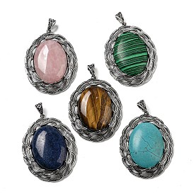 Gemstone Big Pendants, Tibetan Style Antique Silver Plated Alloy Oval Charms