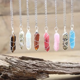 Natural Crystal Hexagonal Prism Handmade Wire Wrapped Necklace with Double Point Gemstone Pendant