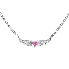 925 Sterling Silver Pendant Necklaces, Micro Pave Clear Cubic Zirconia, Heart with Wing