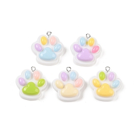 Opaque Resin Pendants, Candy Color Cat Paw Print Charms with Platinum Plated Iron Loops