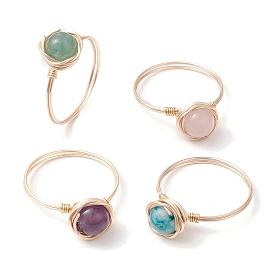 4Pcs 4 Styles Round Natural Green Aventurine & Amethyst & Hemimorphite & Rose Quartz Finger Rings Sets, Copper Wire Wrapped Ring for Women