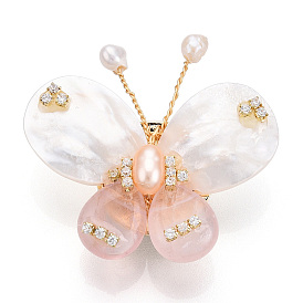 Natural White Shell & Rose Quartz Pave Cubic Zirconia Butterfly Brooches for Women, Brass Pearl Pins
