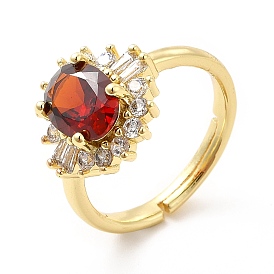 Red Glass Flower Adjustable Ring with Cubic Zirconia, Brass Jewelry for Women