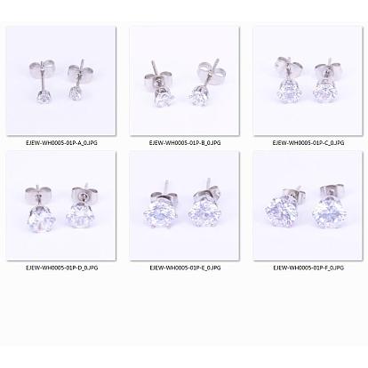 Stainless Steel Stud Earrings, with Clear Cubic Zirconia and Ear Nuts, Flat Round