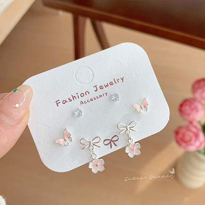 3 пары серег-гвоздиков с цветком и бабочкой и плоских круглых серег с эмалью из сплава, с кристально горный хрусталь