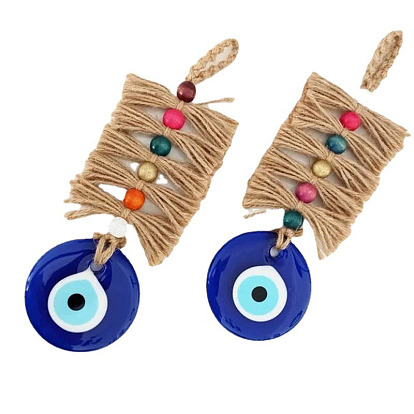 Flat Round with Evil Eye Glass Pendant Decorations, Hemp Rope Hanging Ornaments