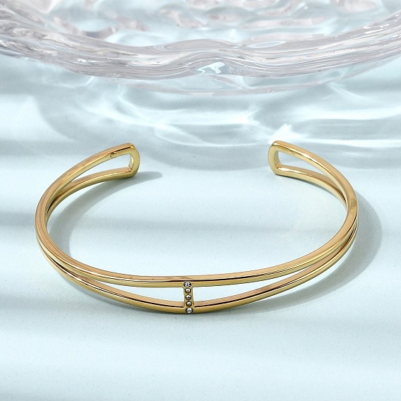 304 Браслет-манжета из нержавеющей стали с микропаве из кубического циркония, двухслойный, для женщин, ионное покрытие (ip), долговечный