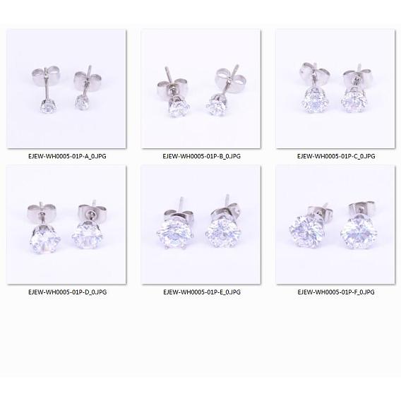 Stainless Steel Stud Earrings, with Clear Cubic Zirconia and Ear Nuts, Flat Round
