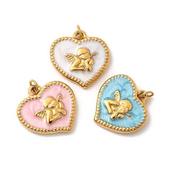 304 нержавеющей стальной эмали подвески, сердце с ангельскими подвесками, с целью перехода в кольце, ионное покрытие (ip), реальный 18 k позолоченный