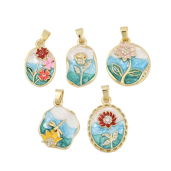 Латунные микропаве прозрачные подвески с фианитом, цветок, с эмалью, без кадмия и без свинца