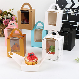 Caja de pastel de papel kraft individual plegable, caja de embalaje de magdalenas individuales de panadería, rectángulo con ventana transparente y asa