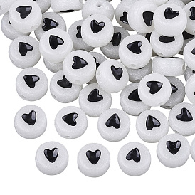 Luminous White Acrylic Beads, Flat Round with Black Heart