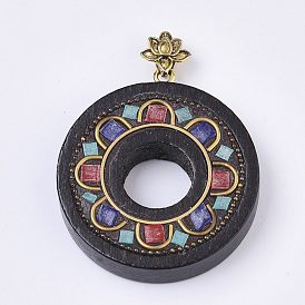 Handmade Indonesia Pendants, with Alloy Findings, Sandalwood and Resin, Antique Golden, Donut, Lotus