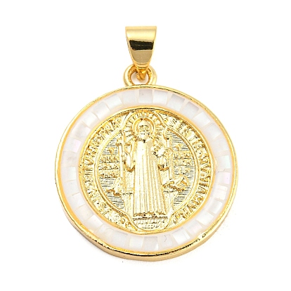 Brass Charms, with Shell, Cadmium Free & Lead Free, Long-Lasting Plated,  Flat Round with Cssml Ndsmd Cross God Father Religious Christianity, Real 18K Gold Plated