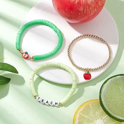 3 шт. 3 стили браслет из полимерной глины с бусинами на день учителя и браслет с подвесками в виде яблока из сплава и эмали для женщин, с корейской эластичной хрустальной нитью и акриловыми бусинами