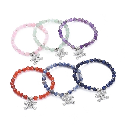 Natural Gemstone Stretch Charm Bracelets, with Platinum Plated Brass Spacer Beads and Alloy Rhinestone Pendants, Skull
